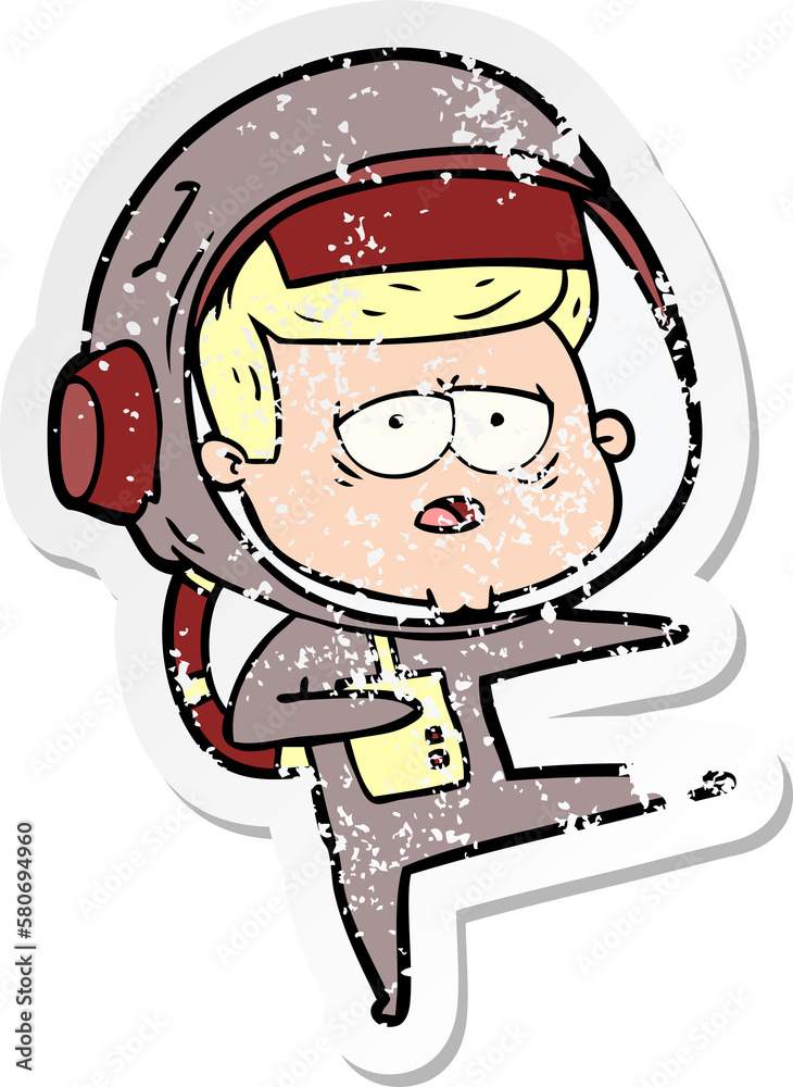 distressed sticker of a cartoon tired astronaut