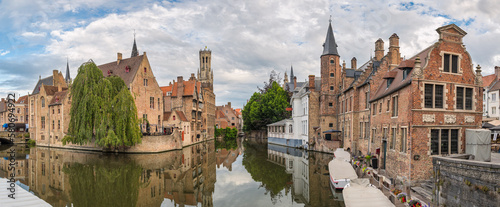 Bruges Belgium  panorama city skyline at Rozenhoedkaai Dijver Canal with Belfry Tower
