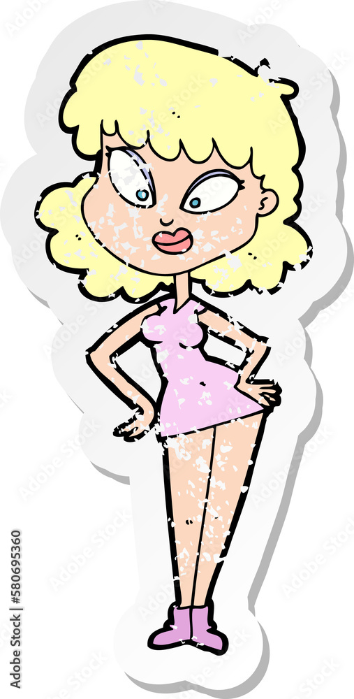 retro distressed sticker of a cartoon woman with hands on hips retro distressed sticker of a cartoon woman with hands on hips