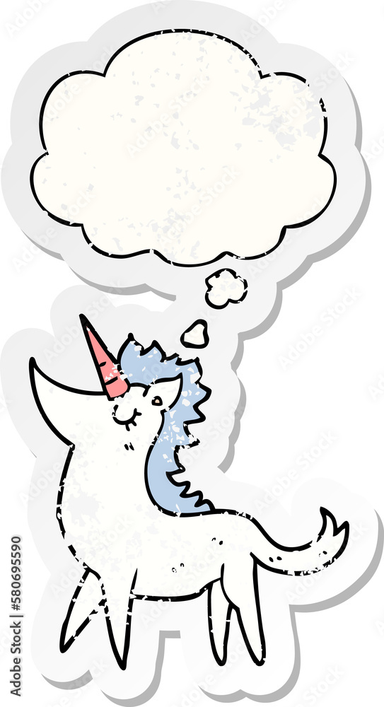 Fototapeta premium cartoon unicorn and thought bubble as a distressed worn sticker