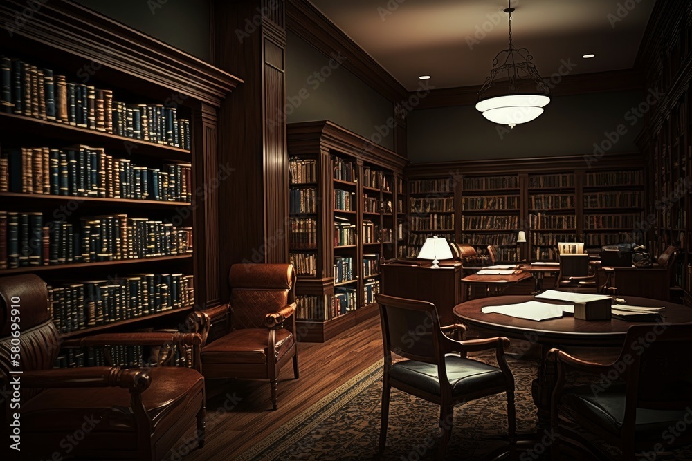 Generative AI of an old library interior with bookshelves.