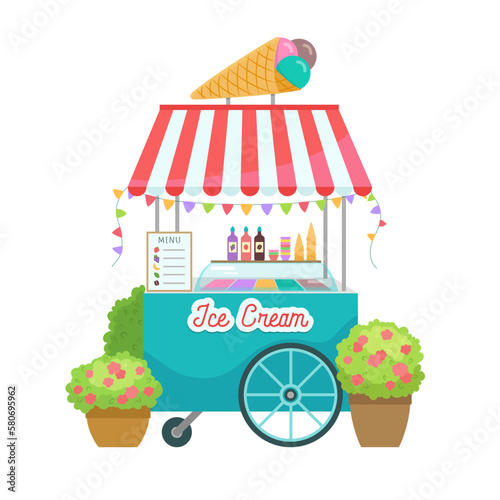 Ice cream cart. Summer street food pushcart fridge trolley. Gelato shop street take away food stand with signboard, ice cream trays, cones, menu. Cute design - red booth, flowers in pots, pennants.