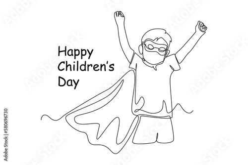 Continuous one line drawing happy boy with superhero outfit. Happy Children's Day concept. Single line draw design vector graphic illustration.