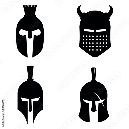 Spartan silhouettes helmet isolated from the background. Roman or Greek warrior helmet vector set.