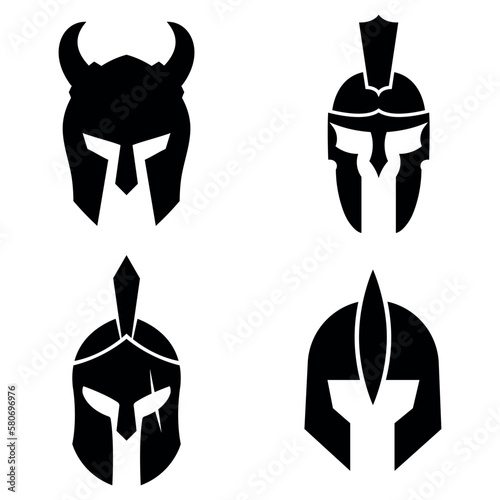 Spartan silhouettes helmet isolated from the background. Roman or Greek warrior helmet vector set.