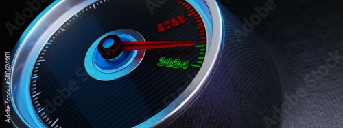 Blue speedometer showing the year 2023 - 2024.  3D illustration