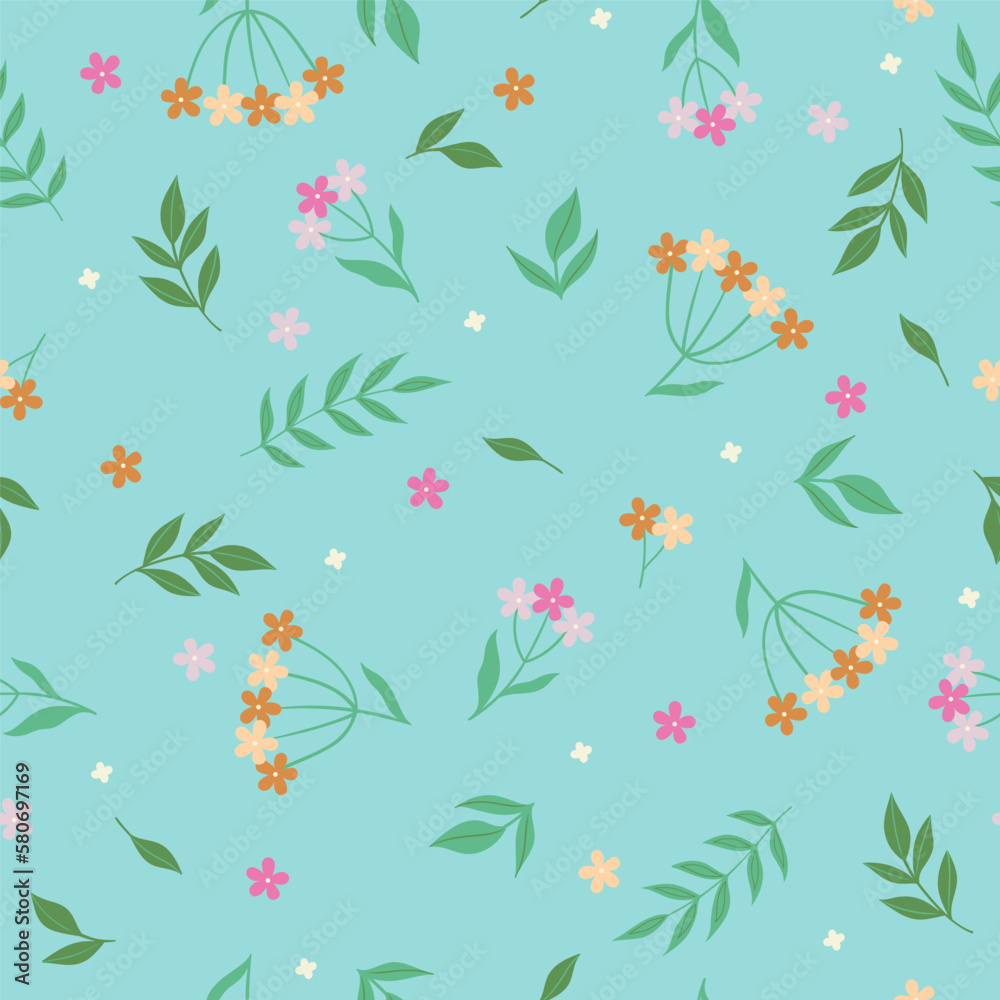 Seamless pattern with simple flowers and leaves. Vector graphics.