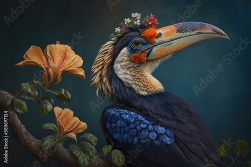 The Knobbed Hornbill, Aceros cassidix, is a colorful bird that lives in Indonesia. Bird of Sulawesi A big bird with gold bristled feathers on its blue neck and blurry orange flowers in the background