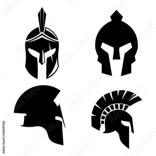 Spartan silhouettes helmet isolated from the background. Roman or Greek warrior helmet vector set.