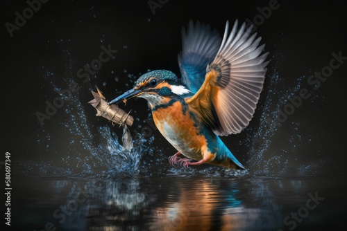  Kingfisher catching a fish from river . Generative AI. © Arc