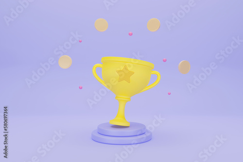 Winners with prize golden cup, money coinon blue background. Award ceremony. Victory success concept. 3d rendering