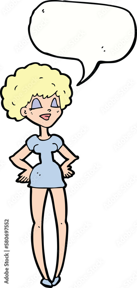 cartoon happy woman with hands on hips with speech bubble cartoon happy woman with hands on hips with speech bubble