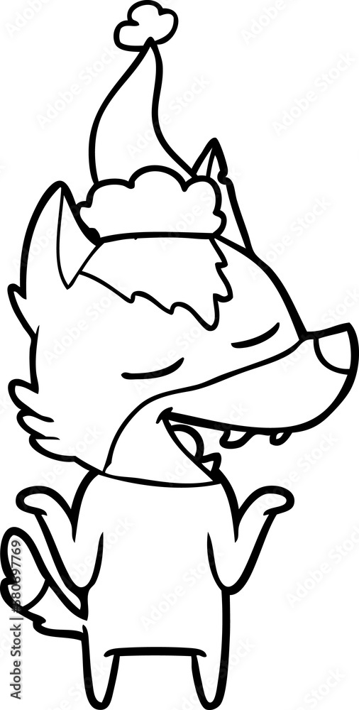 Fototapeta premium line drawing of a wolf laughing wearing santa hat