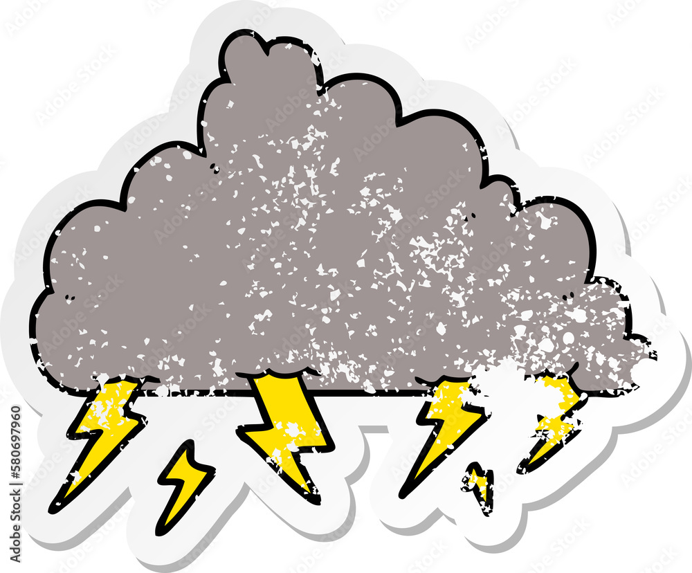 distressed sticker of a cartoon thundercloud distressed sticker of a cartoon thundercloud