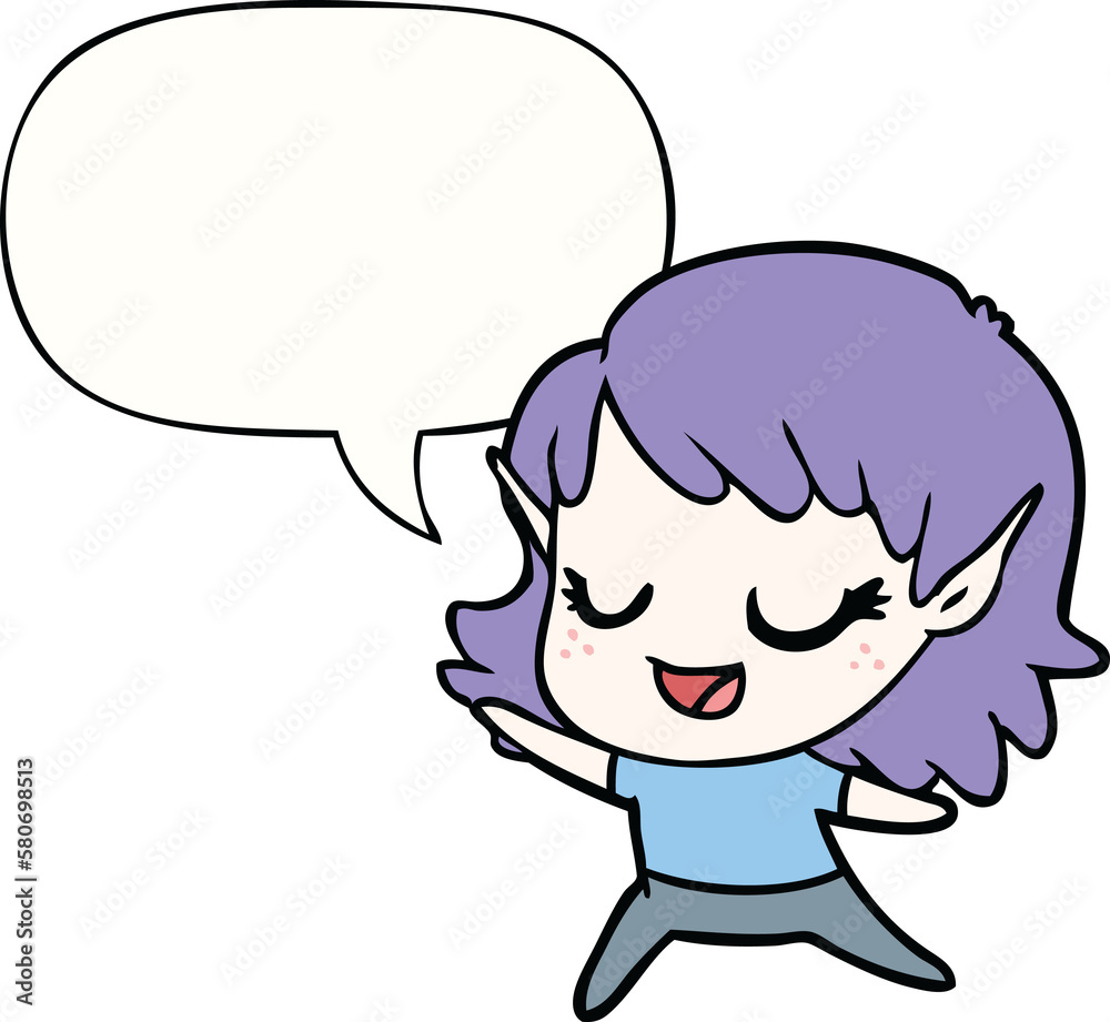 carton happy elf girl dancing and speech bubble carton happy elf girl dancing and speech bubble