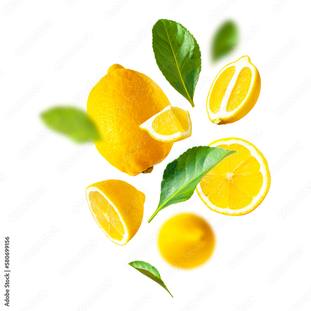 Collection of flying ripe juicy yellow lemons, green leaves isolated. Cut out organic lemon. With clipping path. Citrus tropical fruit, vitamin C. Creative food levitation concept, mockup  - obrazy, fototapety, plakaty 