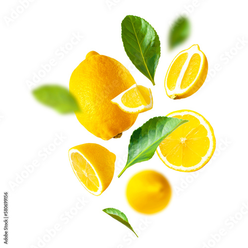 Photographie Collection of flying ripe juicy yellow lemons, green leaves isolated