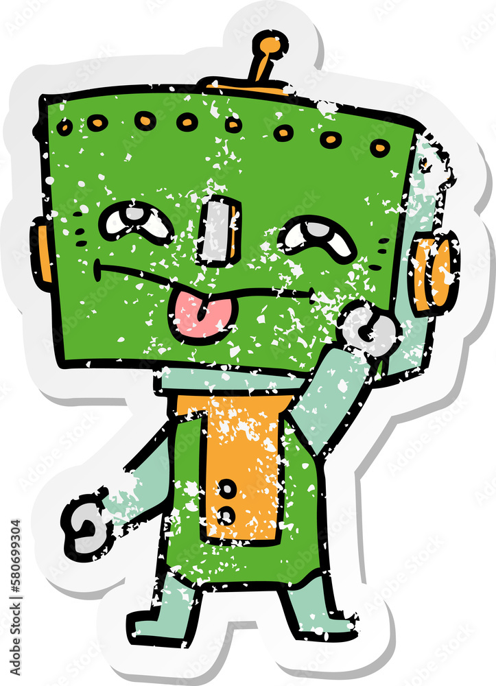distressed sticker of a cartoon robot distressed sticker of a cartoon robot