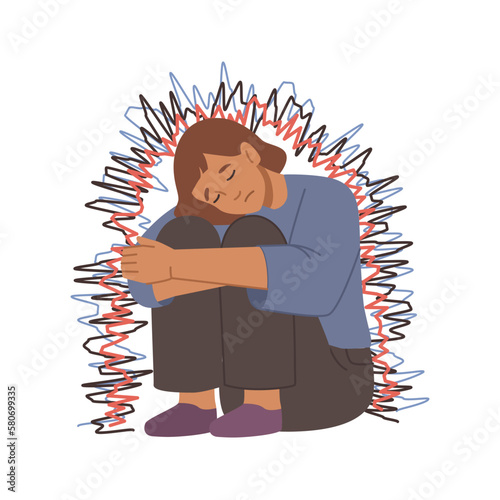 Upset anxious woman, isolated female character under stress and pressure, burden of problems and thoughts. Nervous teenager, fearful girl. Vector in flat style