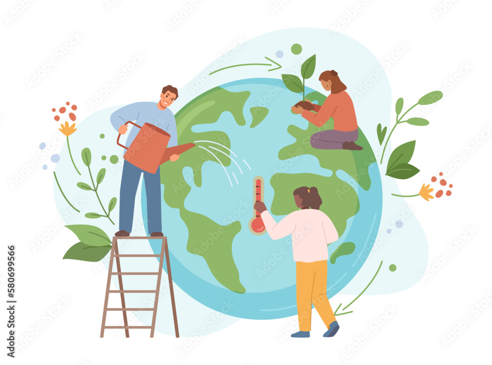 Preserving and saving nature on Earth. Isolated people growing trees