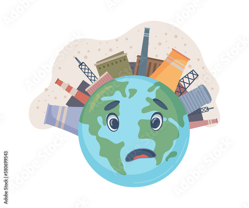 Air pollution and environmental problems. Isolated planet Earth with factories and plants emitting harmful vapors and gases into atmosphere. Vector in flat style