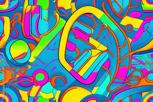 Abstract colorful neon print seamless pattern illustration set in retro 80s style. Trendy background collection with creative line drawing - generative ai