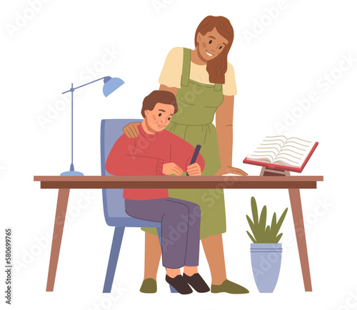 Mother helping kid with home assignments from school. Boy writing down, mom checking homework and tasks, good parenting. Flat cartoon, vector illustration