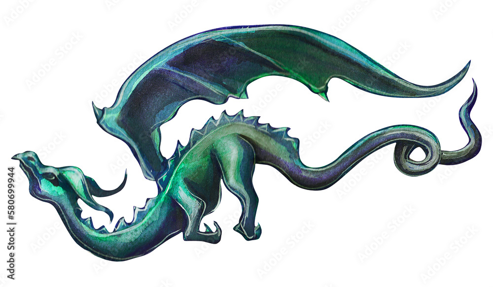 Fototapeta premium Drawing of a flying blue dragon. Mythological medieval dragon. Watercolor drawing isolated on white background. 