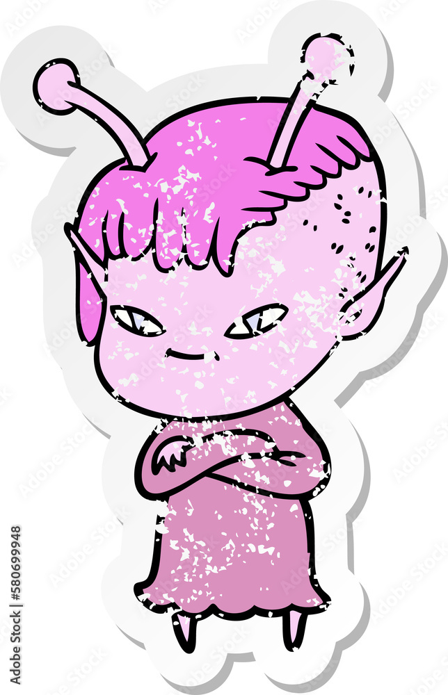 distressed sticker of a cute cartoon alien girl distressed sticker of a cute cartoon alien girl