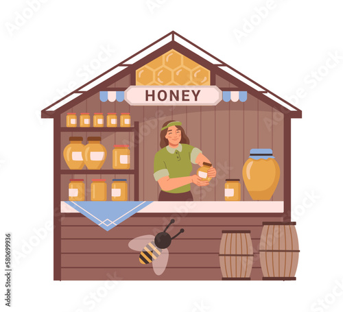 Street stall seller offering organic and natural honey product. Isolated kiosk with assortment of tastes, beekeeping, seller and bee. Flat cartoon, vector illustration