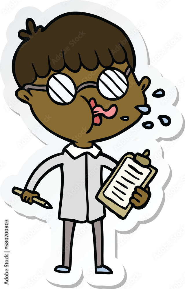 sticker of a cartoon boy wearing spectacles with clip board sticker of a cartoon boy wearing spectacles with clip board