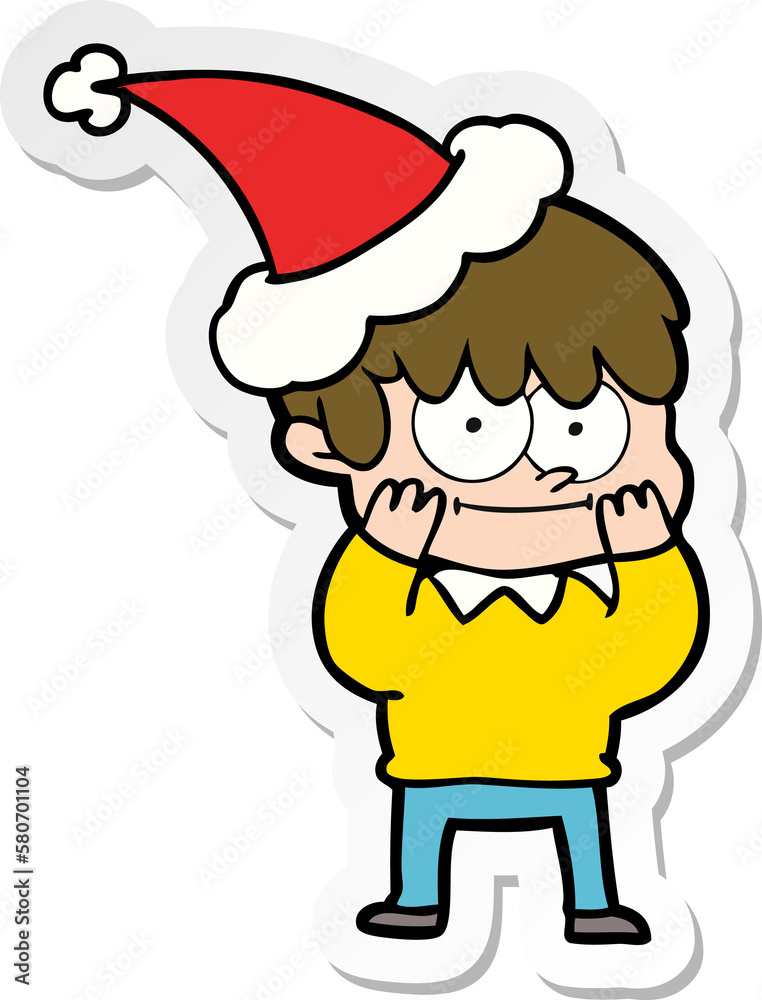happy sticker cartoon of a man wearing santa hat