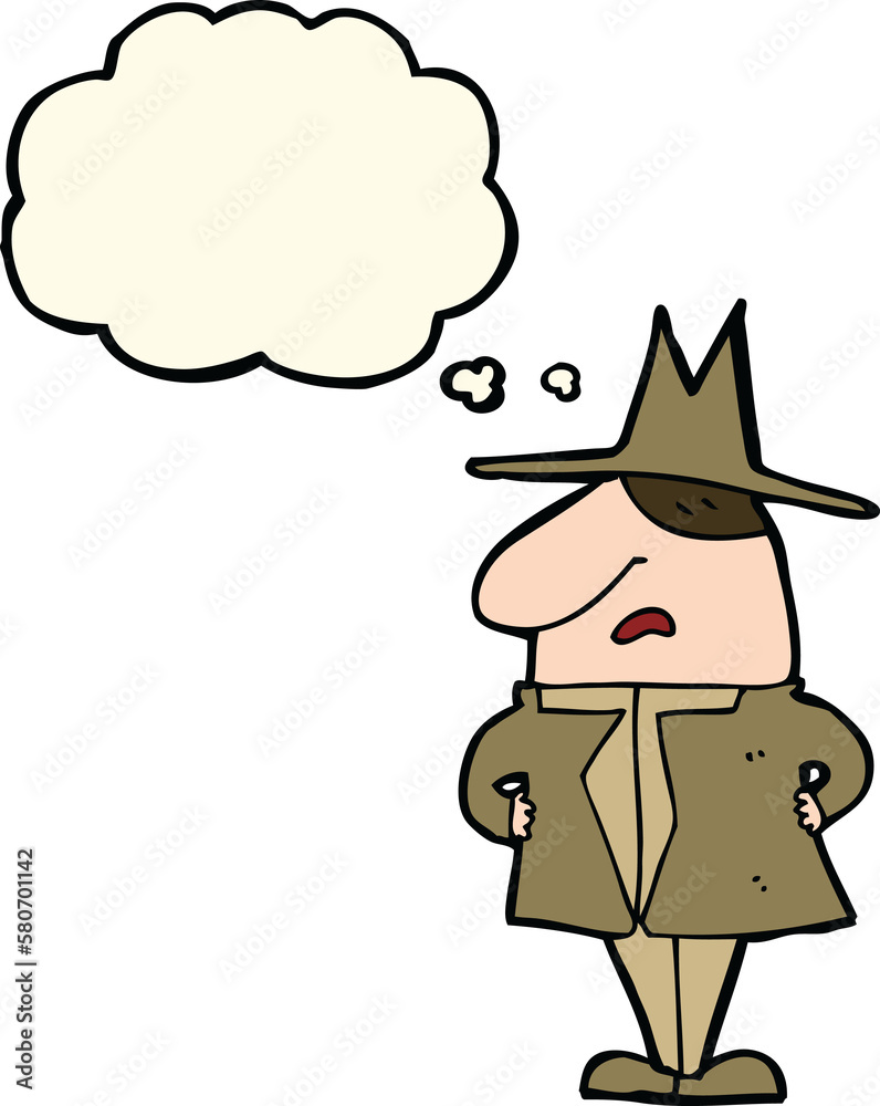 cartoon man in coat and hat with thought bubble