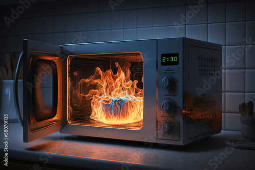 Burning microwave oven. Fire in a kitchen. Generative AI