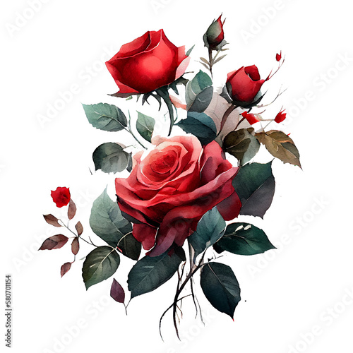 Watercolor floral bouquet composition with red roses, png transparent background, generative ai.