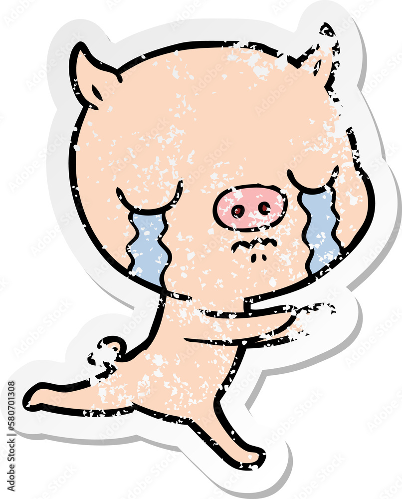 distressed sticker of a cartoon pig crying distressed sticker of a cartoon pig crying