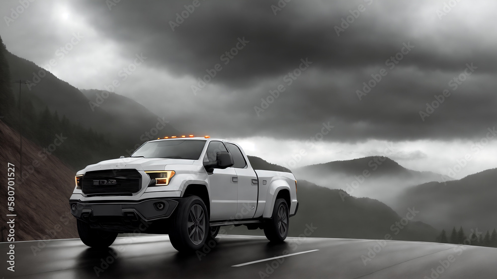 A pickup truck is driving down the road. Dark dramatic landscape as background, gloomy sky with rainy clouds, forest and hill. Generative AI. - obrazy, fototapety, plakaty 