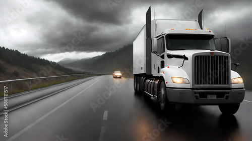 A truck is driving on the road. Dark dramatic landscape as background, gloomy sky with rainy clouds, forest and hill. Generative AI. © soleg