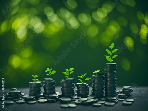 Plants growing on coin, stacking coins with green bokeh background, Business Finance and Money concept, Save money for prepare in the future, green finance, green growth, esg concept, protect photo