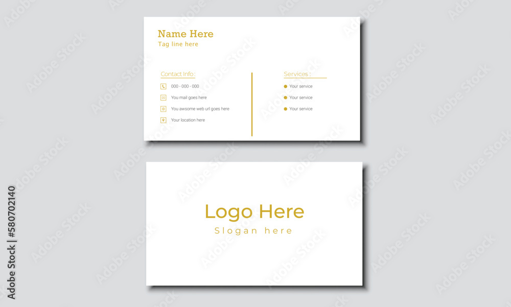Double-sided Modern Business Card. White & Gold color business card. Clean professional business card template. Simple Vector Design.