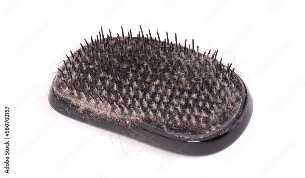 Closeup of a dirty hairbrush on a white background Closeup of a dirty hairbrush on a white background