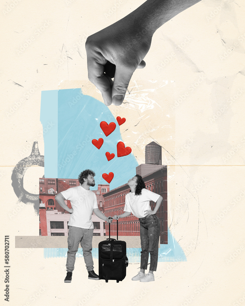 Contemporary art collage. Creative design. Romantic travelling. Young happy man and woman, couple going to romantic trip together. Concept of family, love, relationship, emotions and feelings. Banner - obrazy, fototapety, plakaty 