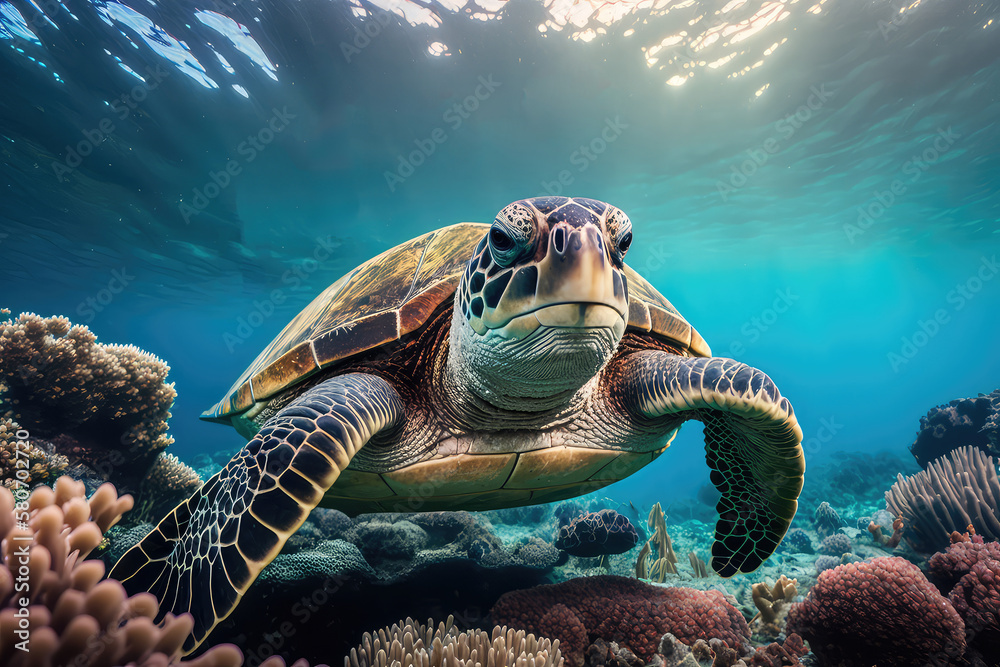 Obraz premium Image for 3d water floor. Underwater world. Turtle. corals. (ai generated)