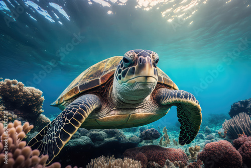 Image for 3d water floor. Underwater world. Turtle. corals.  ai generated 