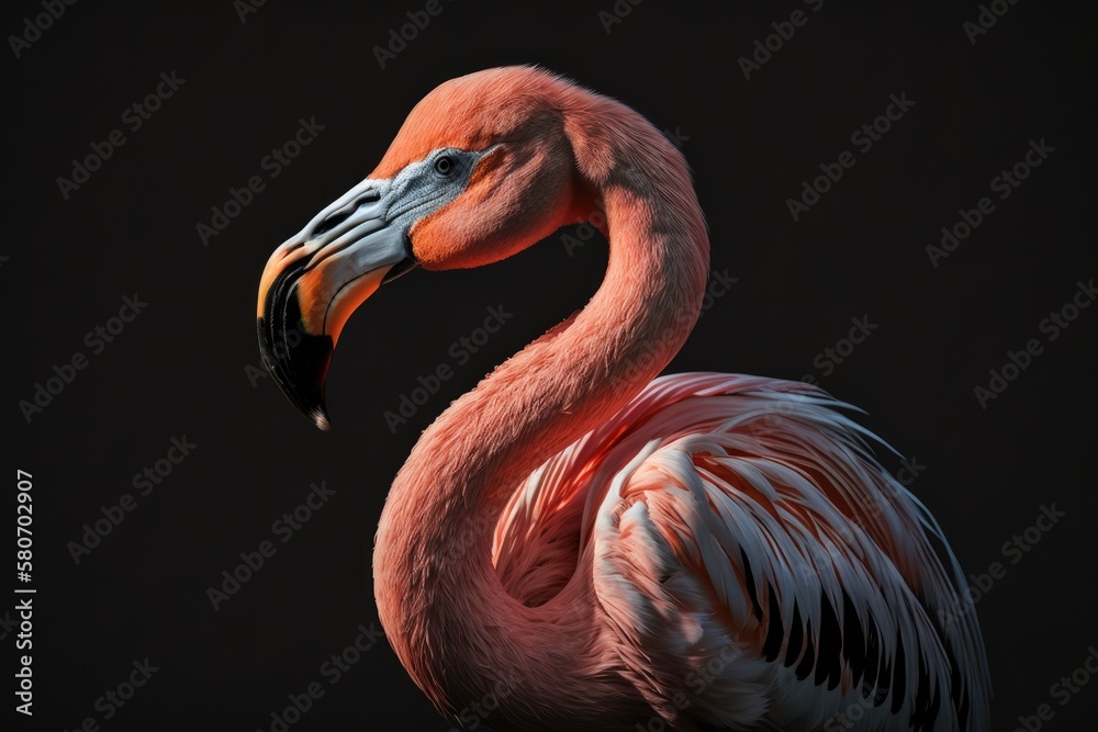 Obraz premium Flamingo outside, lit by the sun, with a dark, black background. Generative AI