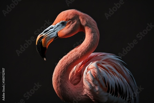 Flamingo outside, lit by the sun, with a dark, black background. Generative AI