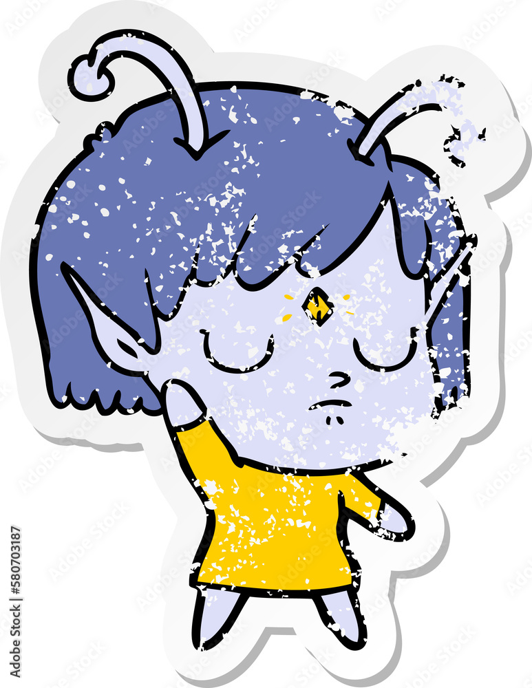 distressed sticker of a cartoon alien girl distressed sticker of a cartoon alien girl