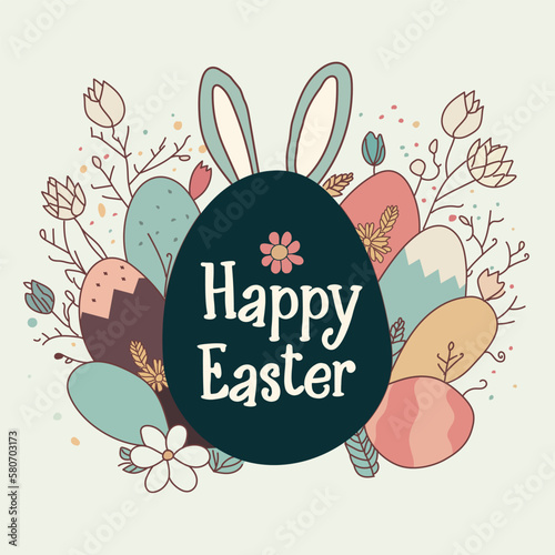 Happy Easter doodle hand drawn illustration banner, background, greeting card. Trendy cheerful easter design with playful typography and seasonal and easter elements