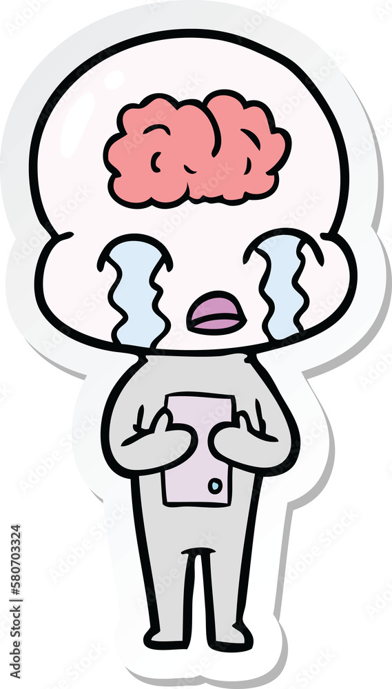 sticker of a cartoon big brain alien crying