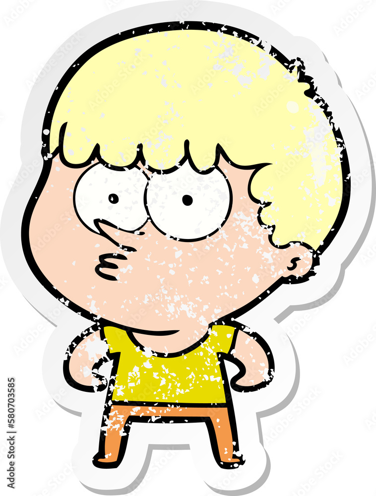 distressed sticker of a cartoon curious boy distressed sticker of a cartoon curious boy